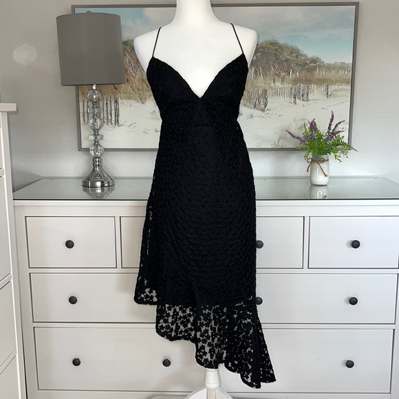 NWT Topshop Black Lace Asymmetrical Dress With Plunge Neckline - Picture 14 of 14